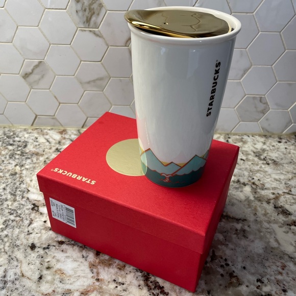 Starbucks 2014 Hot Air Balloon Ceramic Travel Tumbler Mug 12oz with Gold lid - Picture 6 of 8